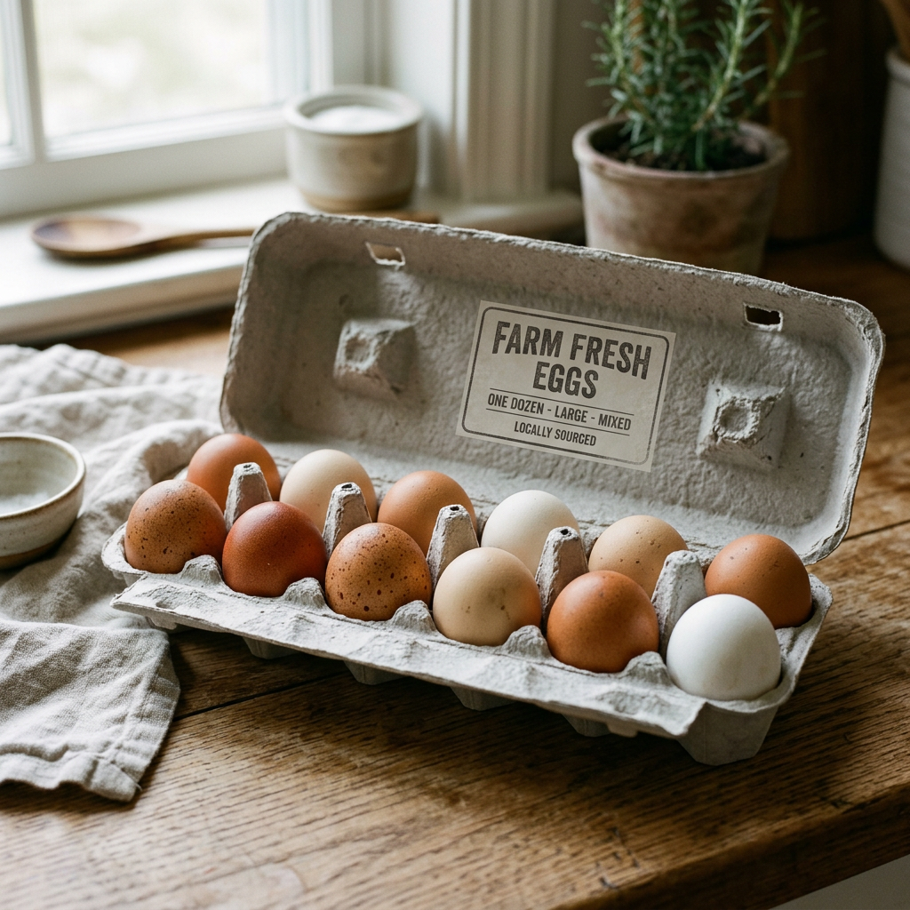 Open carton of assorted eggs labeled Farm Fresh Eggs